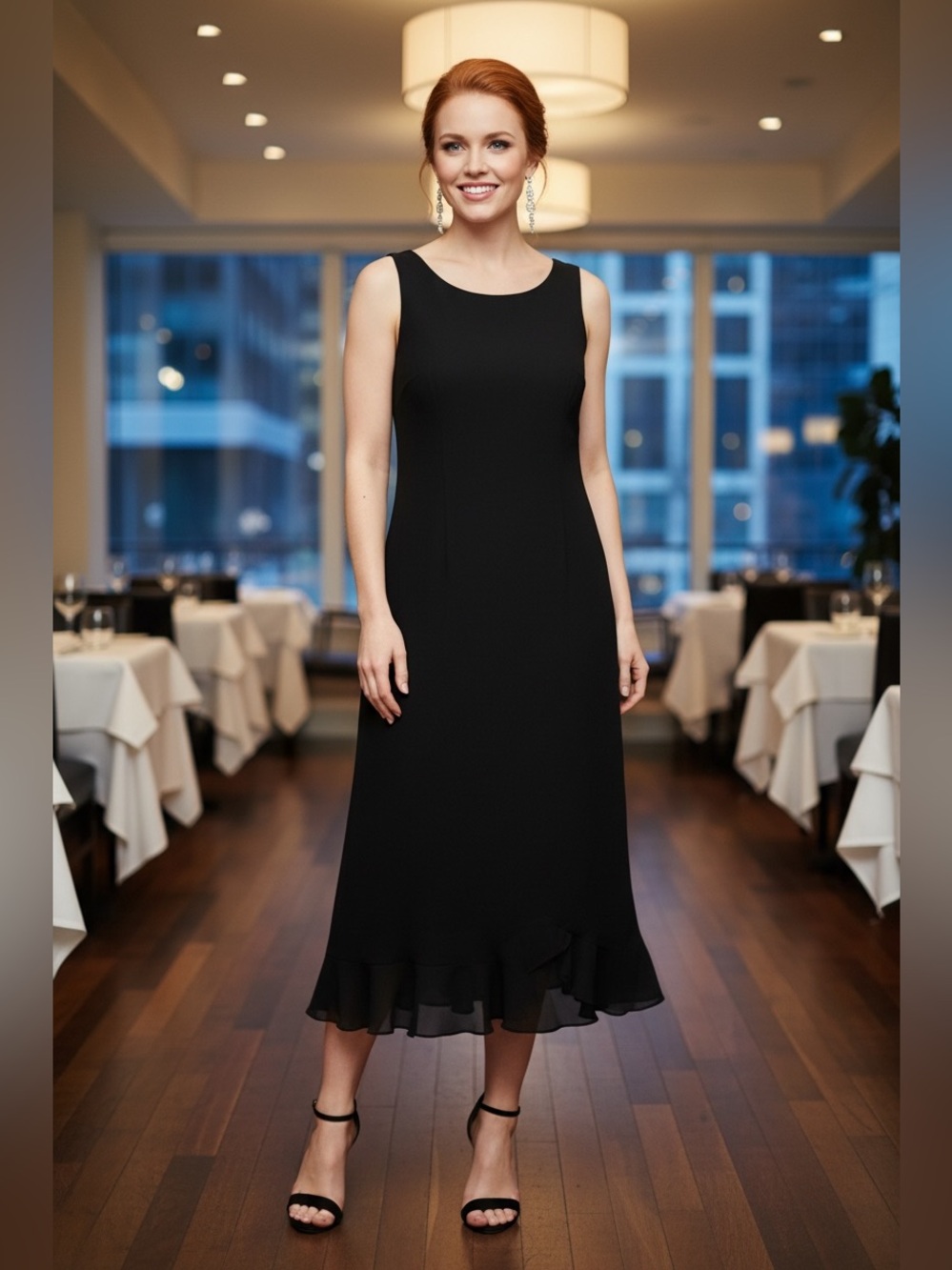 Cato Black Sleeveless Pullover Midi Dress with Ruffle Hem